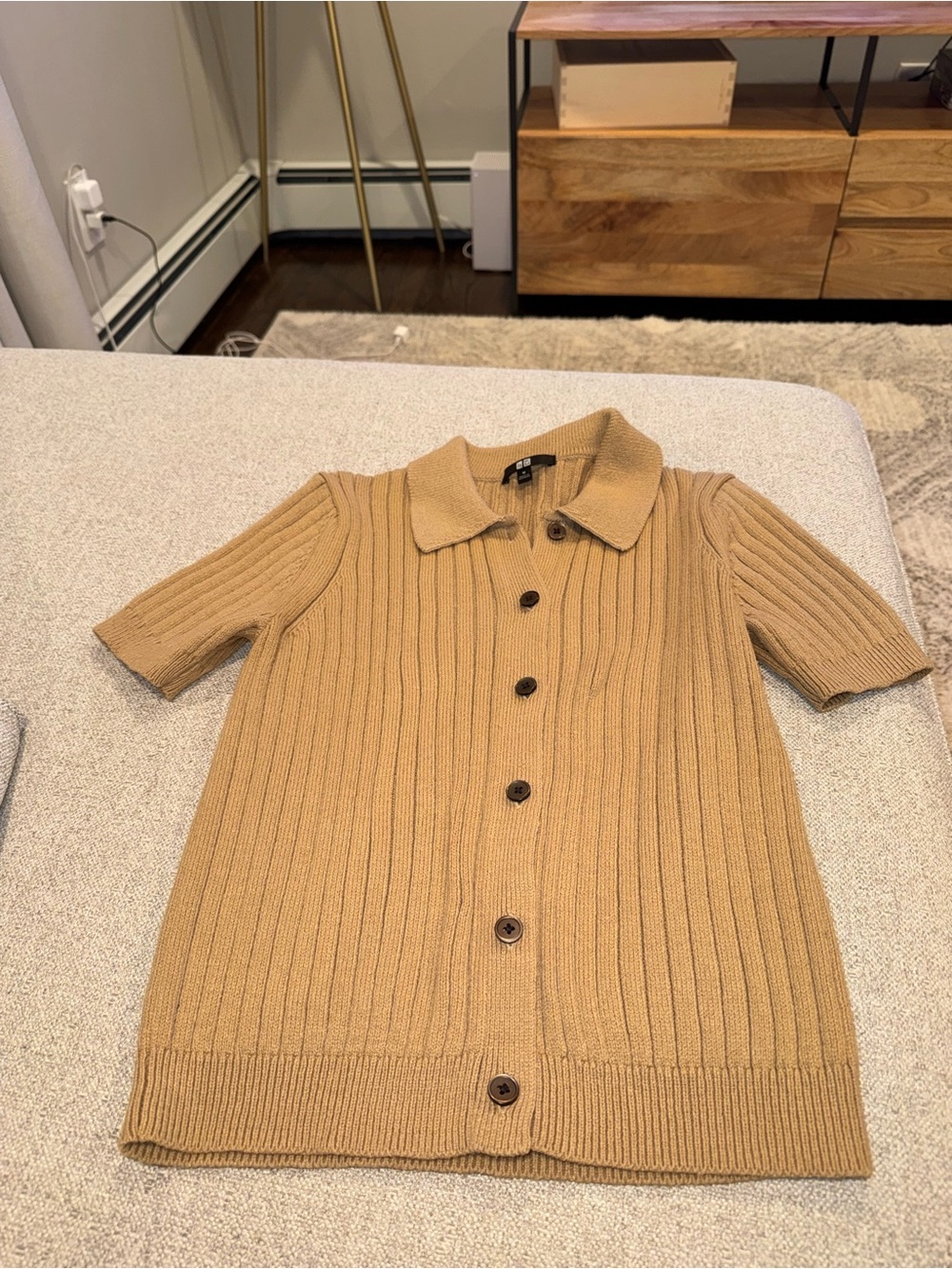 Uniqlo Ribbed Short-Sleeve Button-Up Sweater in Camel